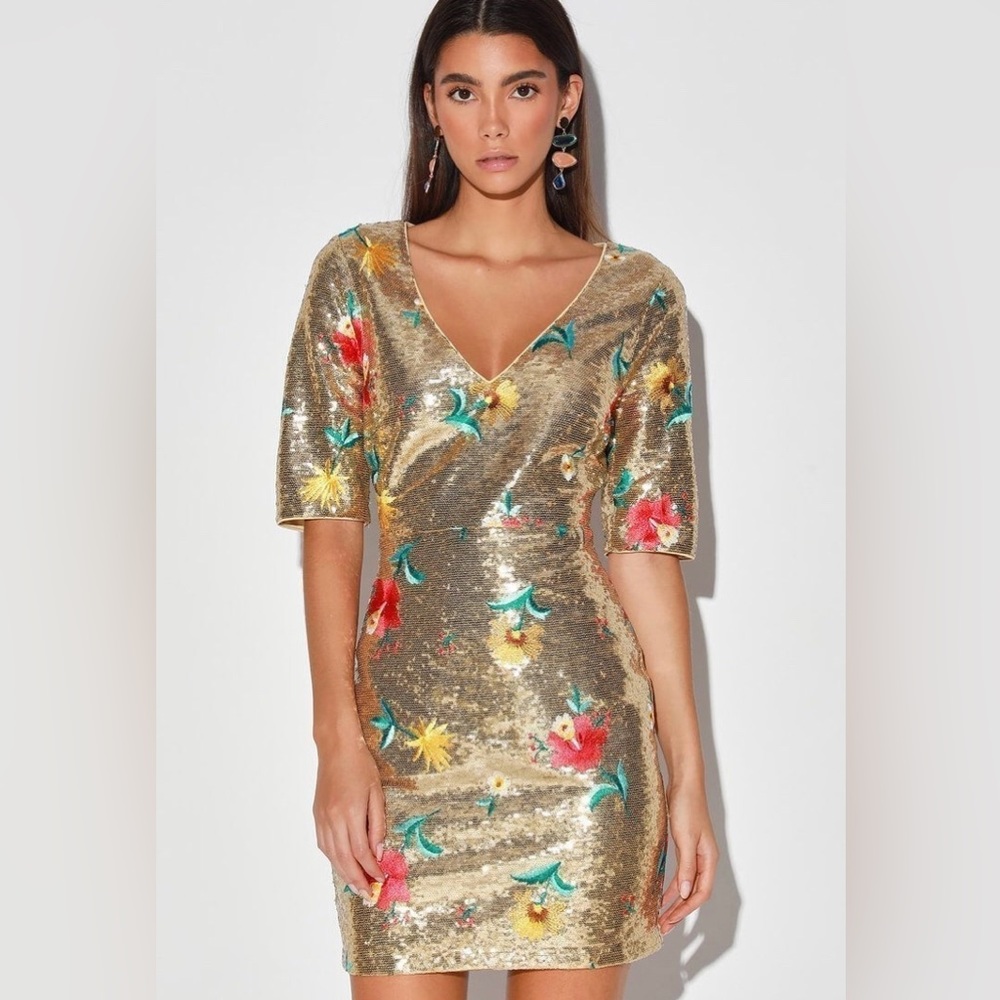 Lulu's Gold Sequin Dress with Floral Accents